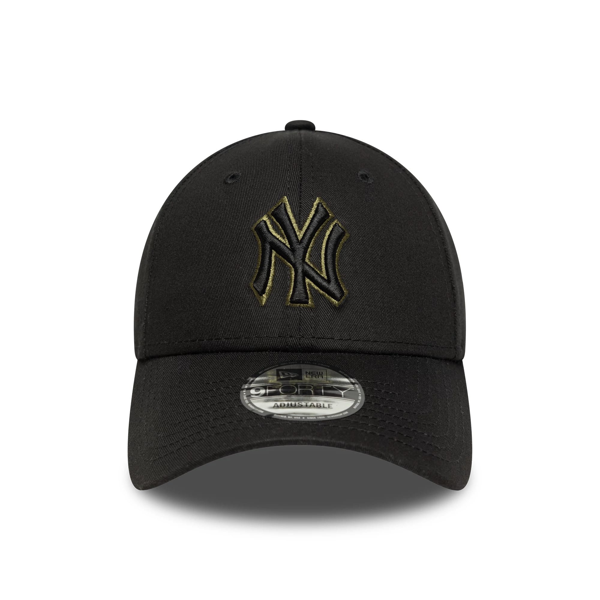 New York Yankees MLB Team Outline Black New Era 9FORTY Adjustable Cap, front view showing a raised black and gold embroidered NY logo on the structured black crown, with a curved visor and a 9FORTY size sticker on the visor.
