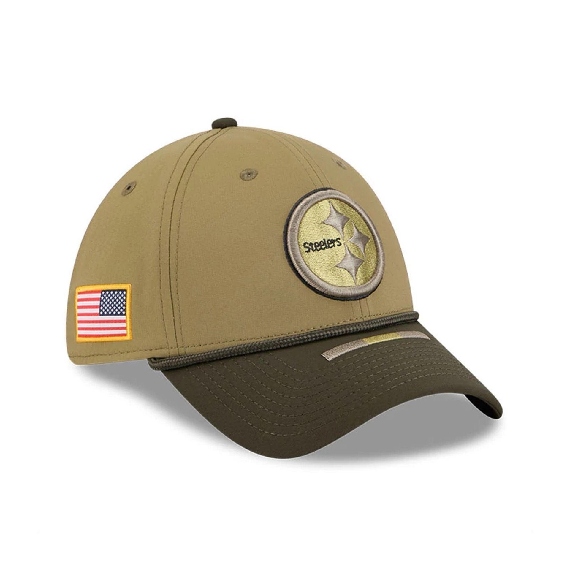 This is a Pittsburgh Steelers NFL Salute To Service 2025 Dark Green 39THIRTY Stretch Fit Cap 1