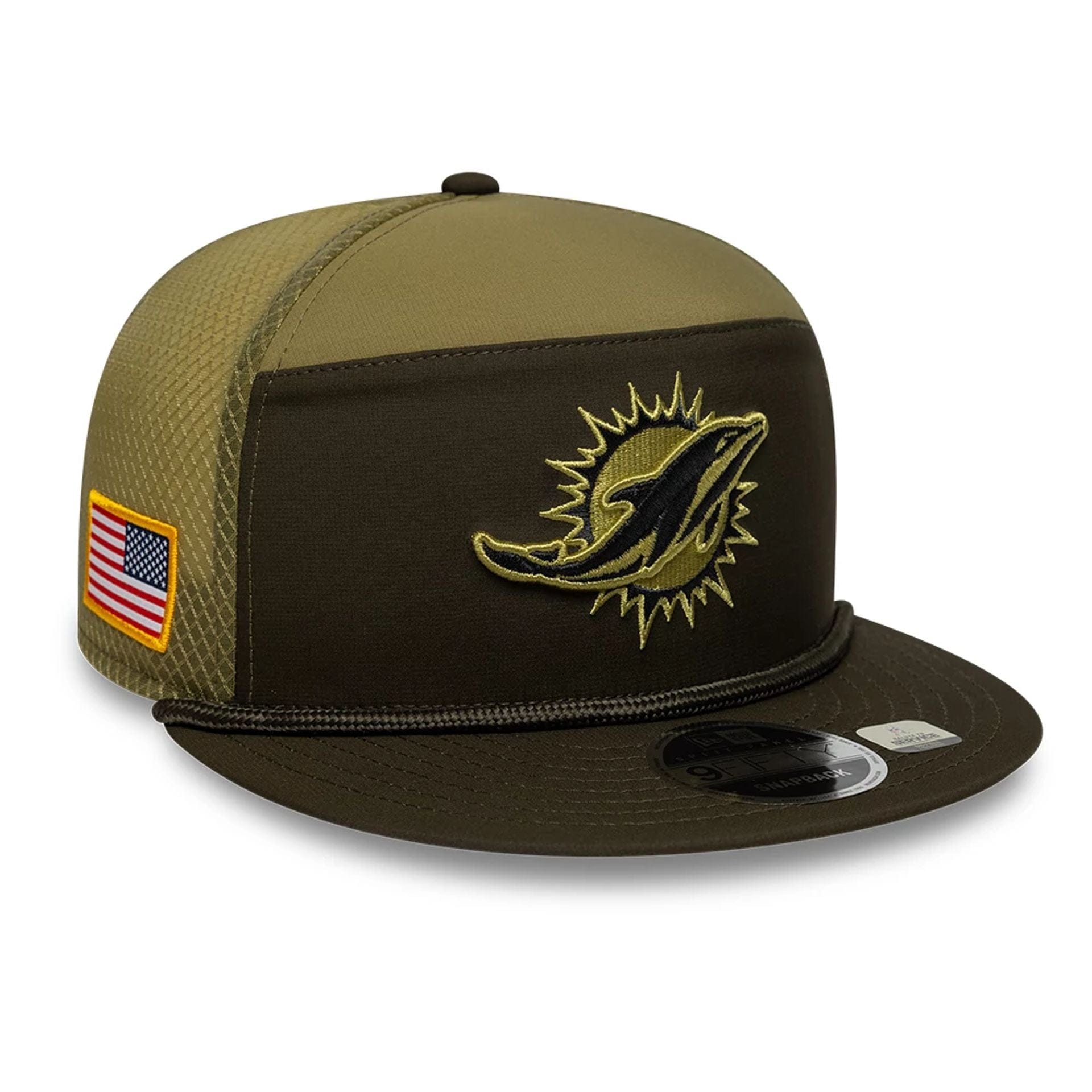 This is a Miami Dolphins NFL Salute To Service 2025 Dark Green 9FIFTY Split Panel Snapback Adjustable Cap 1