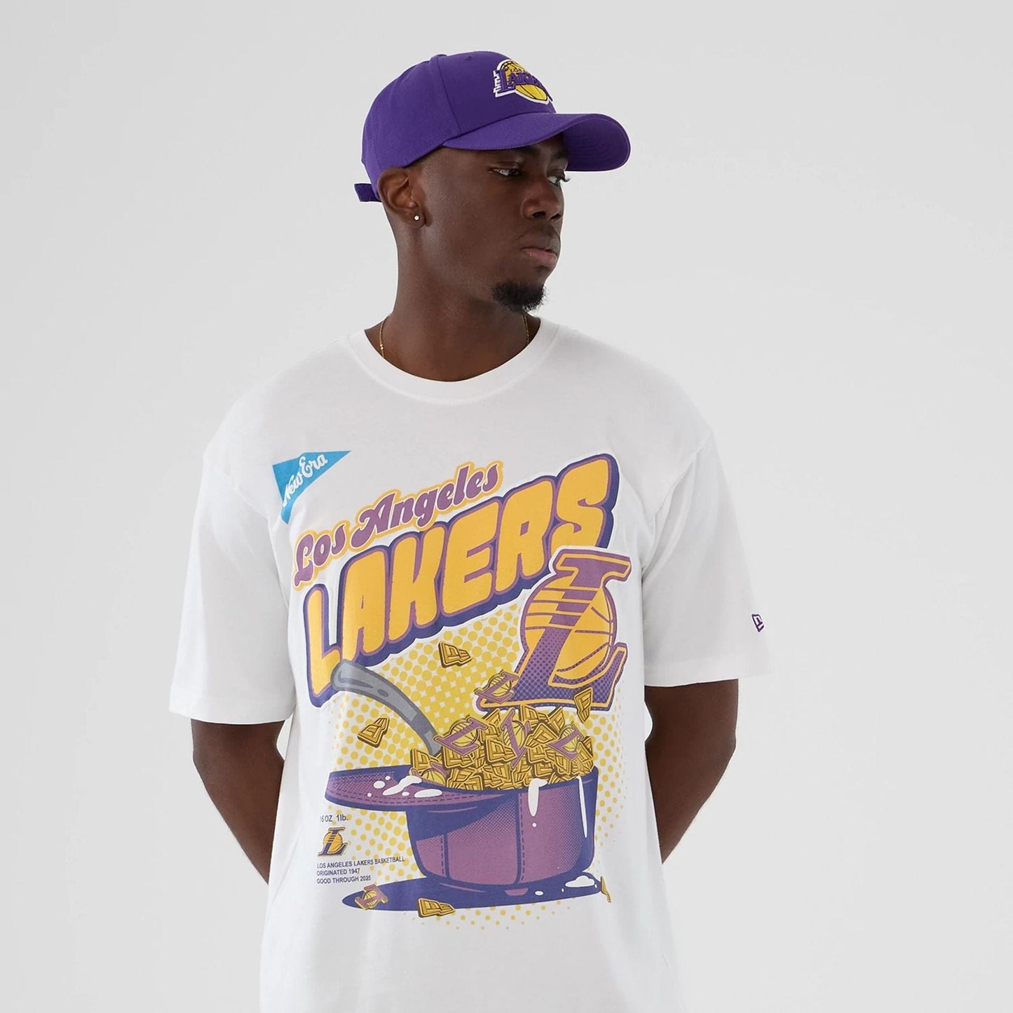 The Male model is wearing LA Lakers NBA Lifestyle Graphic White T-Shirt 7
