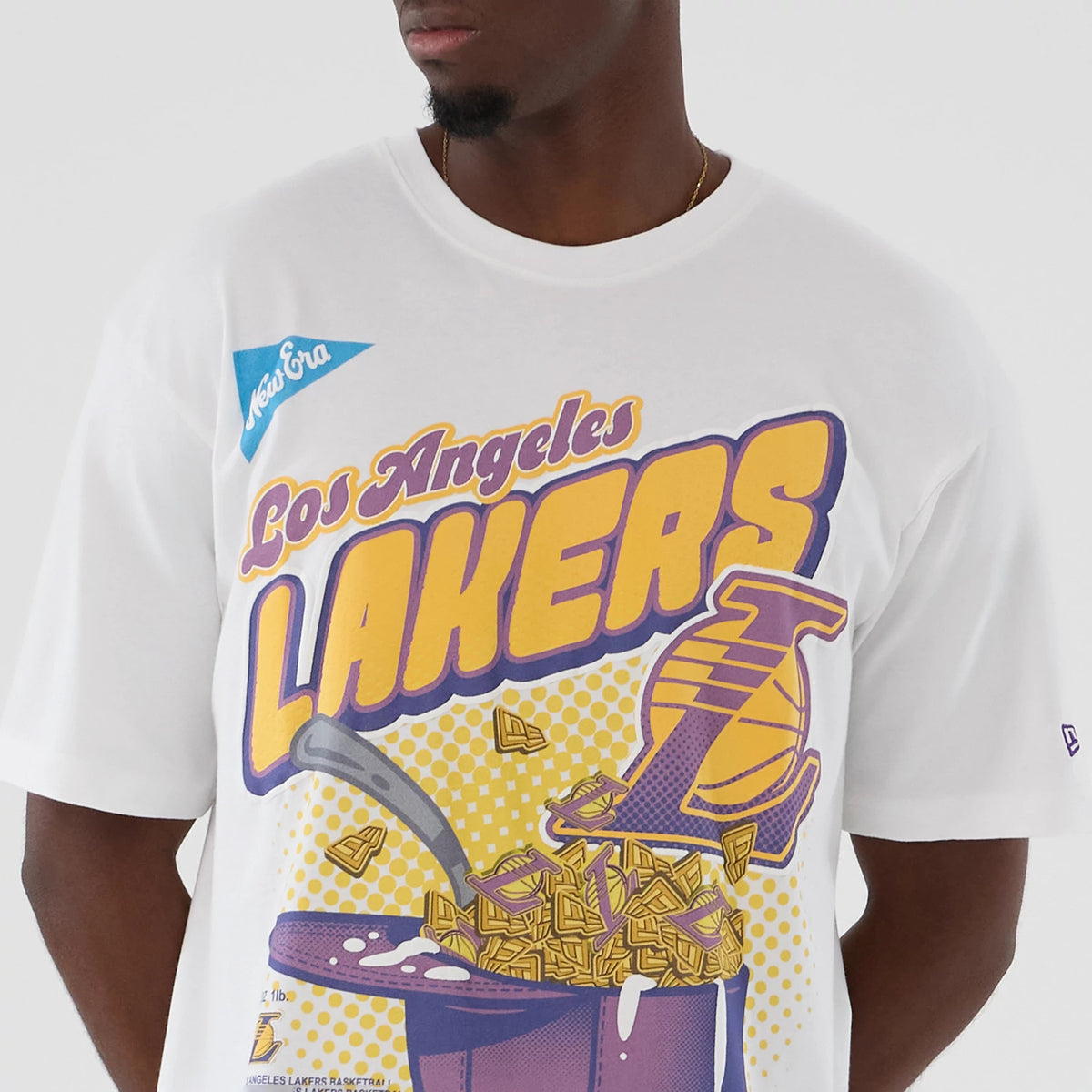The Male model is wearing LA Lakers NBA Lifestyle Graphic White T-Shirt 3