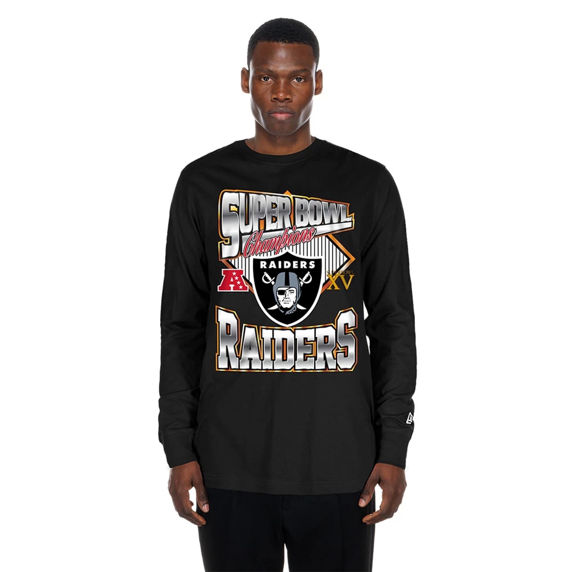 The Male model is wearing Las Vegas Raiders NFL Sport Classic Black Long Sleeve T-Shirt 1