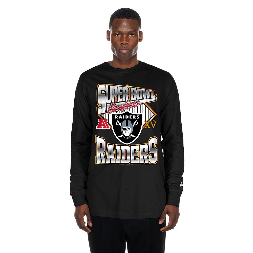 New Era Las Vegas Raiders NFL Sport Classic Black Long Sleeve T-Shirt, front view on-model showing large graphic with Super Bowl Champions lettering above a printed Raiders logo and additional Raiders text across the bottom.