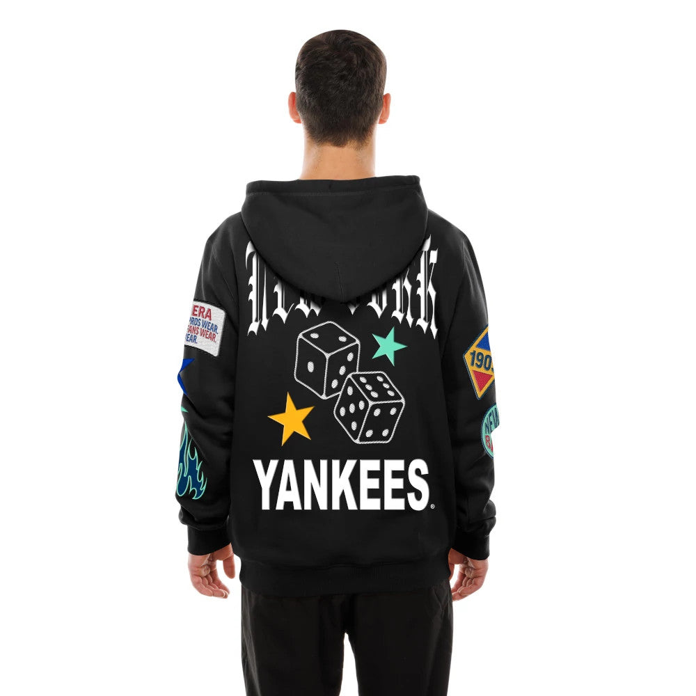 New Era New York Yankees MLB x Uptown Threads Black Pullover Hoodie, back view on a model showing New York lettering above white dice graphics and colourful stars, with Yankees across the lower back and patch designs on the sleeves.