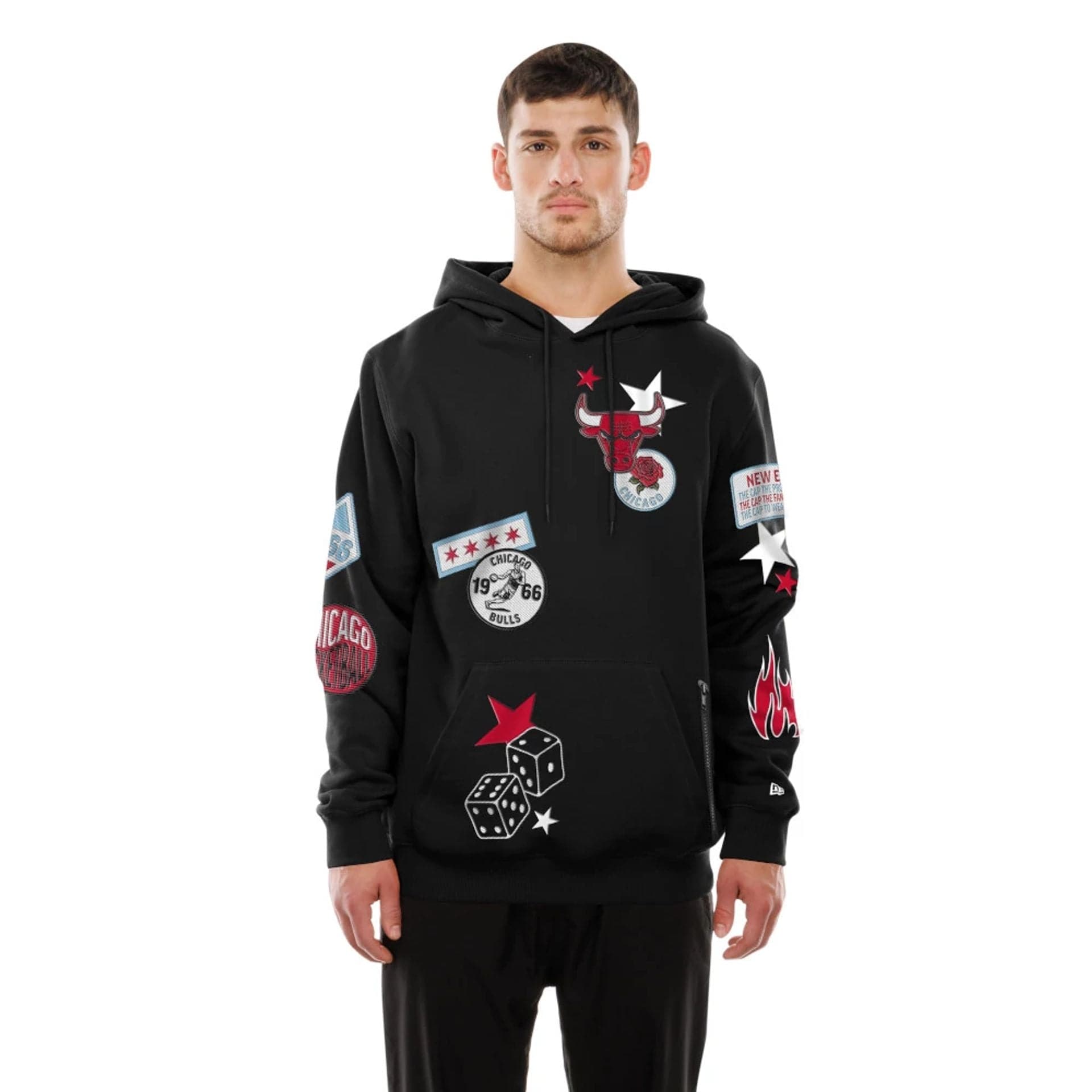 The Male model is wearing Chicago Bulls NBA x Uptown Threads Black Pullover Hoodie 1