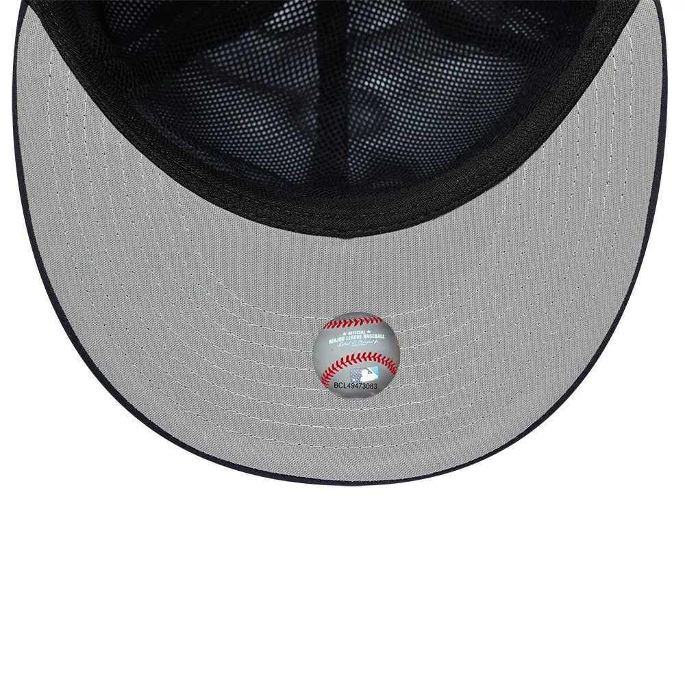 Detroit Tigers MLB Gore-Tex Navy New Era 59FIFTY Fitted Cap, inside view showing the grey undervisor with a baseball-themed sticker, black mesh lining and black taping along the seams.