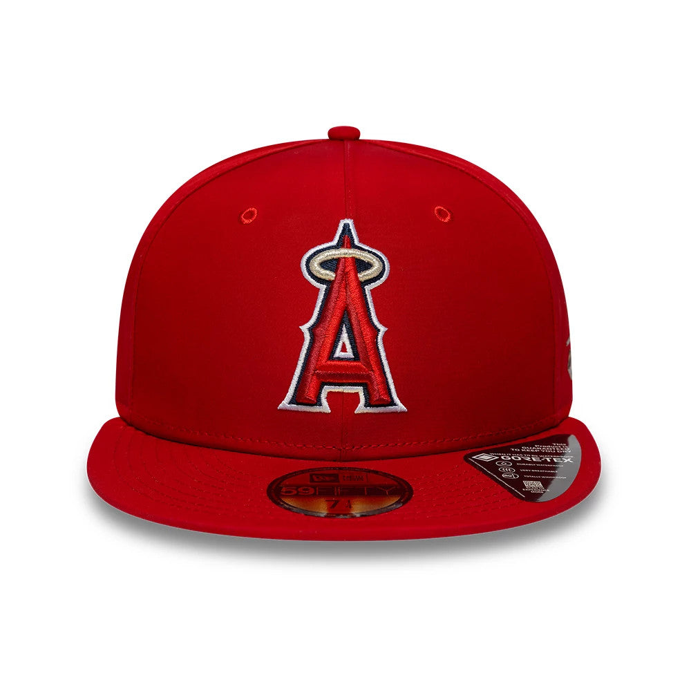 LA Angels MLB Gore-Tex Red New Era 59FIFTY Fitted Cap, front view with raised embroidered white and red Angels logo on the front panel, red flat visor and gold 59FIFTY size sticker.