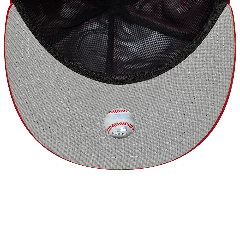 LA Angels MLB Gore-Tex Red New Era 59FIFTY Fitted Cap, inside view showing grey undervisor with a baseball-shaped holographic sticker and black taping along with a black sweatband around the interior.