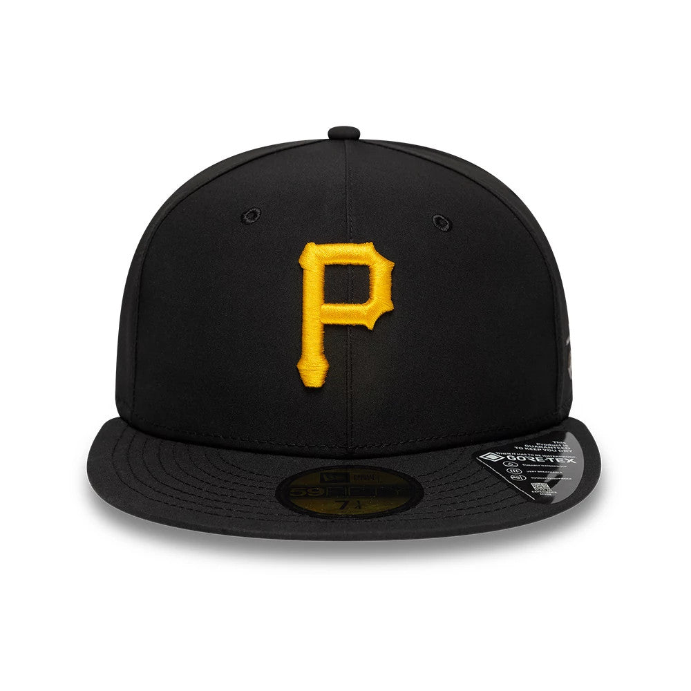 Pittsburgh Pirates MLB Gore-Tex Black New Era 59FIFTY Fitted Cap, front view showing the raised yellow P logo embroidered on the structured black crown, with a matching black flat visor and gold 59FIFTY size sticker.