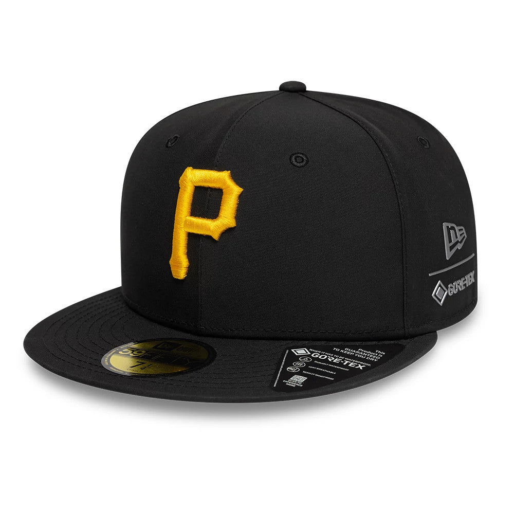 Pittsburgh Pirates MLB Gore-Tex Black New Era 59FIFTY Fitted Cap, front view showing the raised embroidered yellow P logo on the black crown, with a matching black visor and gold 59FIFTY size sticker.