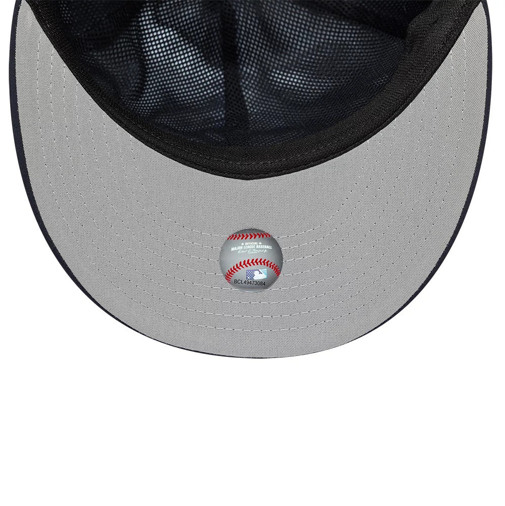 Seattle Mariners MLB Gore-Tex Navy New Era 59FIFTY Fitted Cap, inside view showing a grey undervisor and black sweatband with a printed baseball graphic sticker centred on the underside.