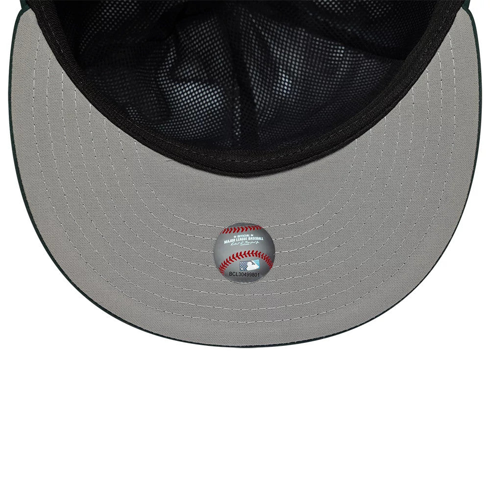 Athletics MLB Gore-Tex Dark Green New Era 59FIFTY Fitted Cap, inside view showing grey undervisor with an MLB authenticity sticker at the centre, complemented by black mesh taping and sweatband.