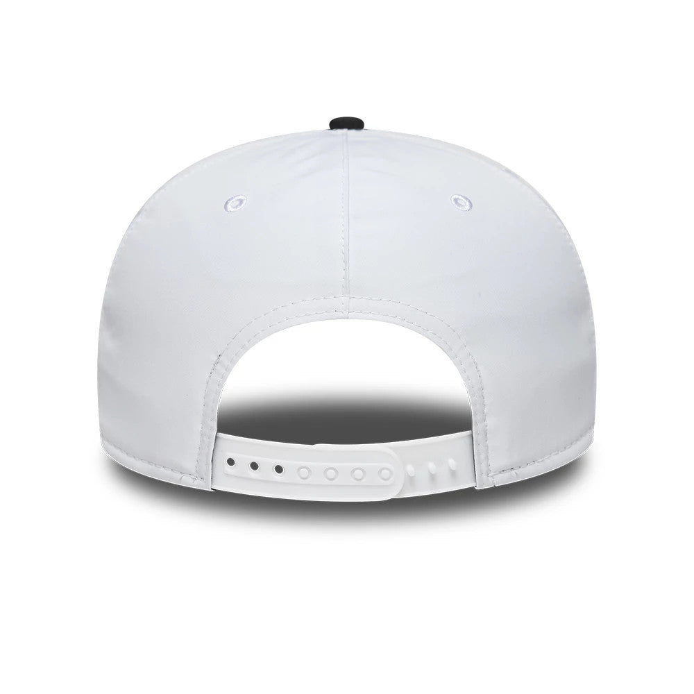 Chicago White Sox MLB Gore-Tex White New Era 9SEVENTY Stretch Snap Adjustable Cap, rear view showing a white adjustable snap closure and top button, with white embroidered eyelets on a white crown.