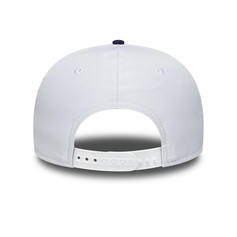 New York Yankees MLB Gore-Tex White New Era 9SEVENTY Stretch Snap Adjustable Cap, rear view showing a white adjustable snapback closure, white embroidered eyelets, and the white structured crown.