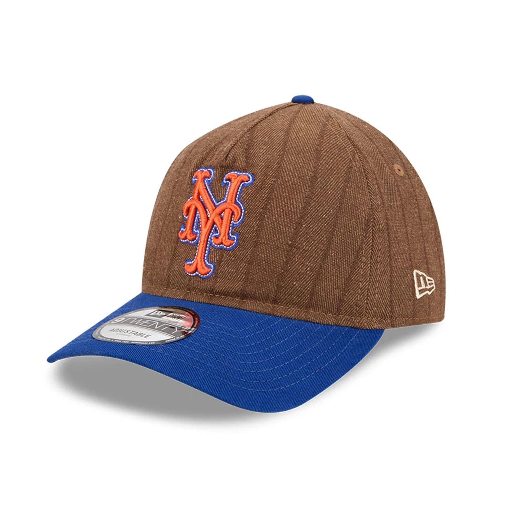 This is a New York Mets Three Looms x MLB Wool Pinstripe Blue 9TWENTY A-Frame Adjustable Cap 1