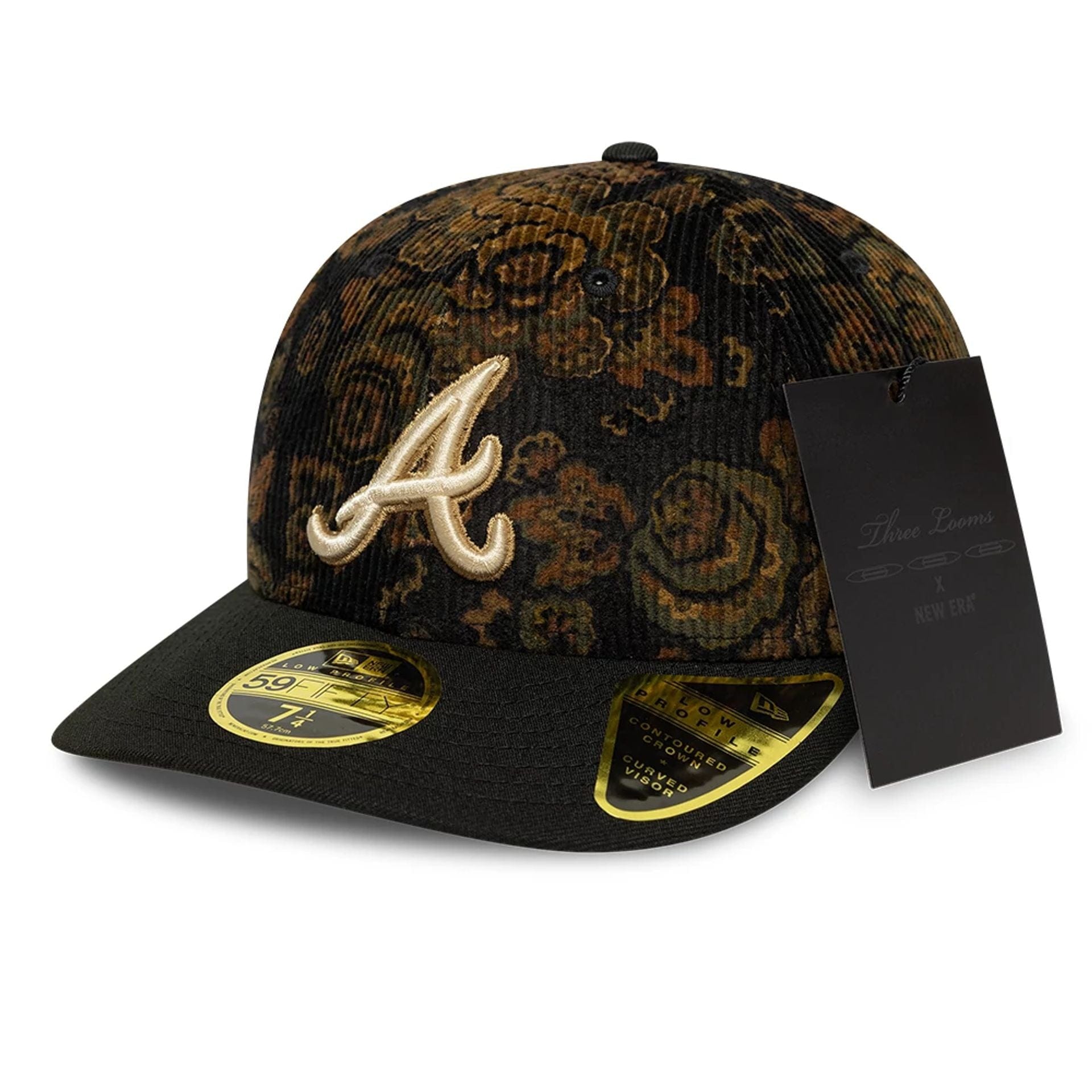 This is a Atlanta Braves Three Looms x MLB Floral Cord Black Low Profile 59FIFTY Fitted Cap 1