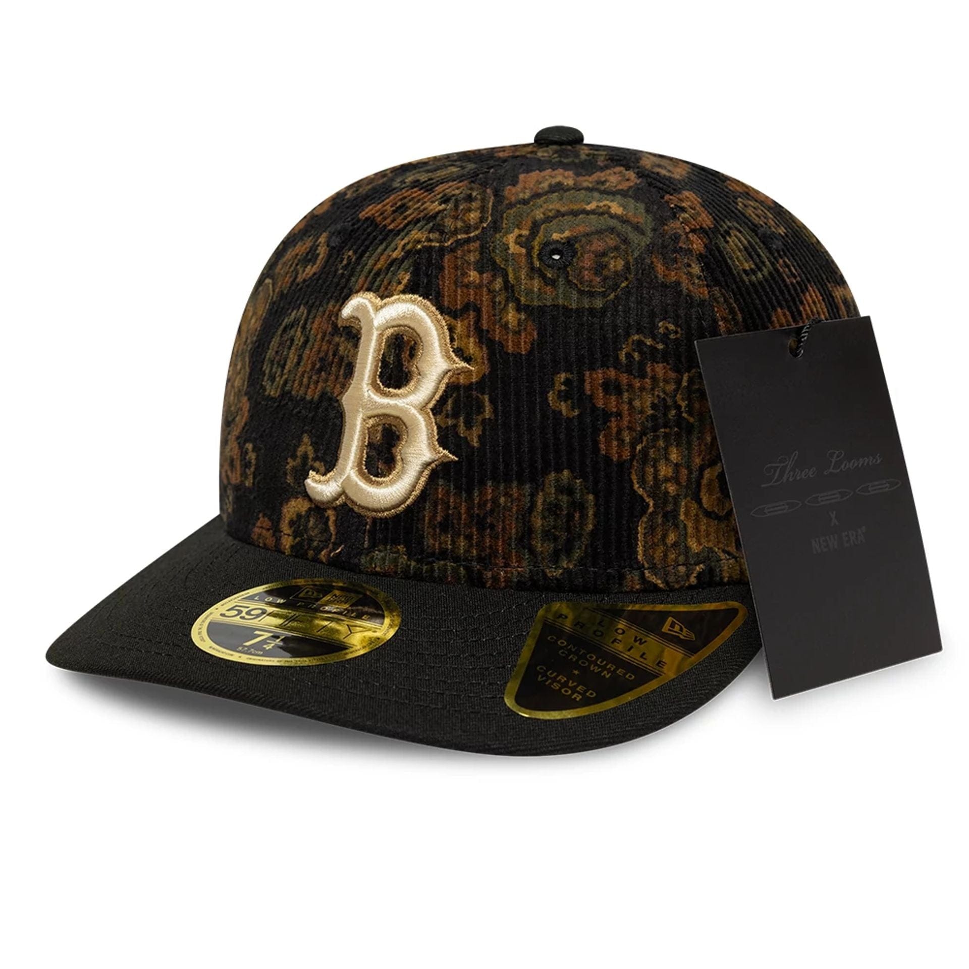 This is a Boston Red Sox Three Looms x MLB Floral Cord Black Low Profile 59FIFTY Fitted Cap 1