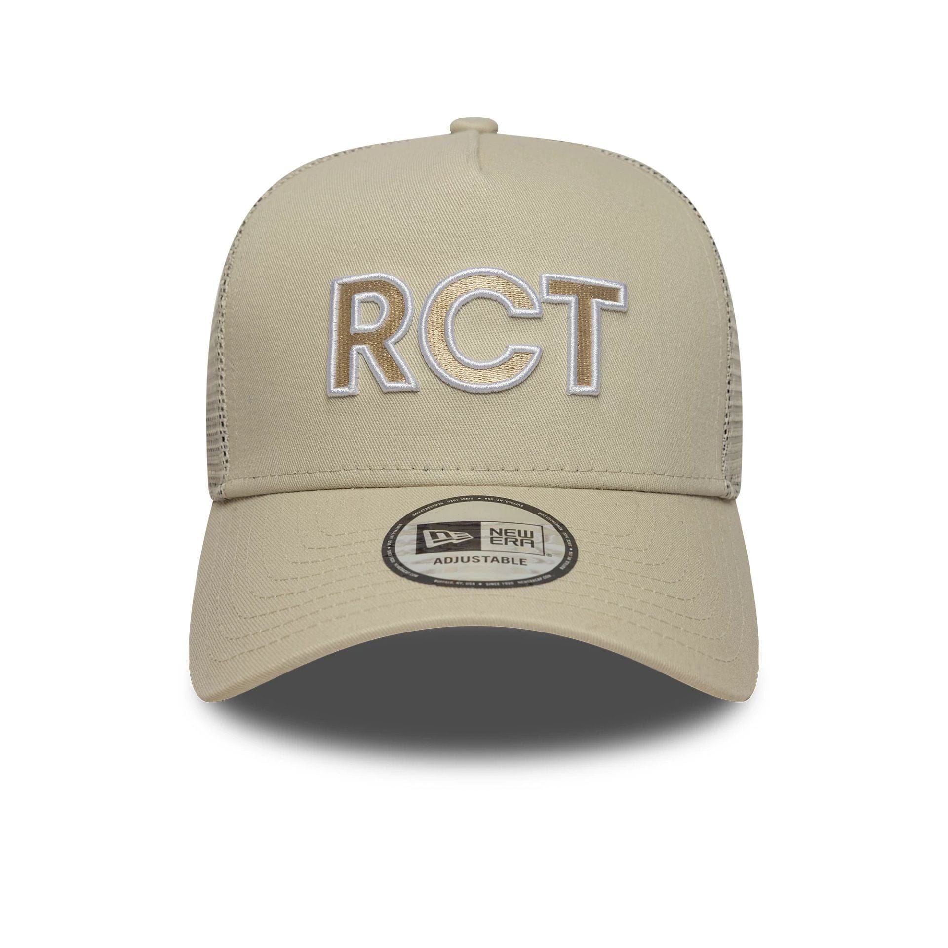 This is a RC Toulonnais Rct Light Beige 9FORTY E-Frame Trucker Adjustable Cap 2