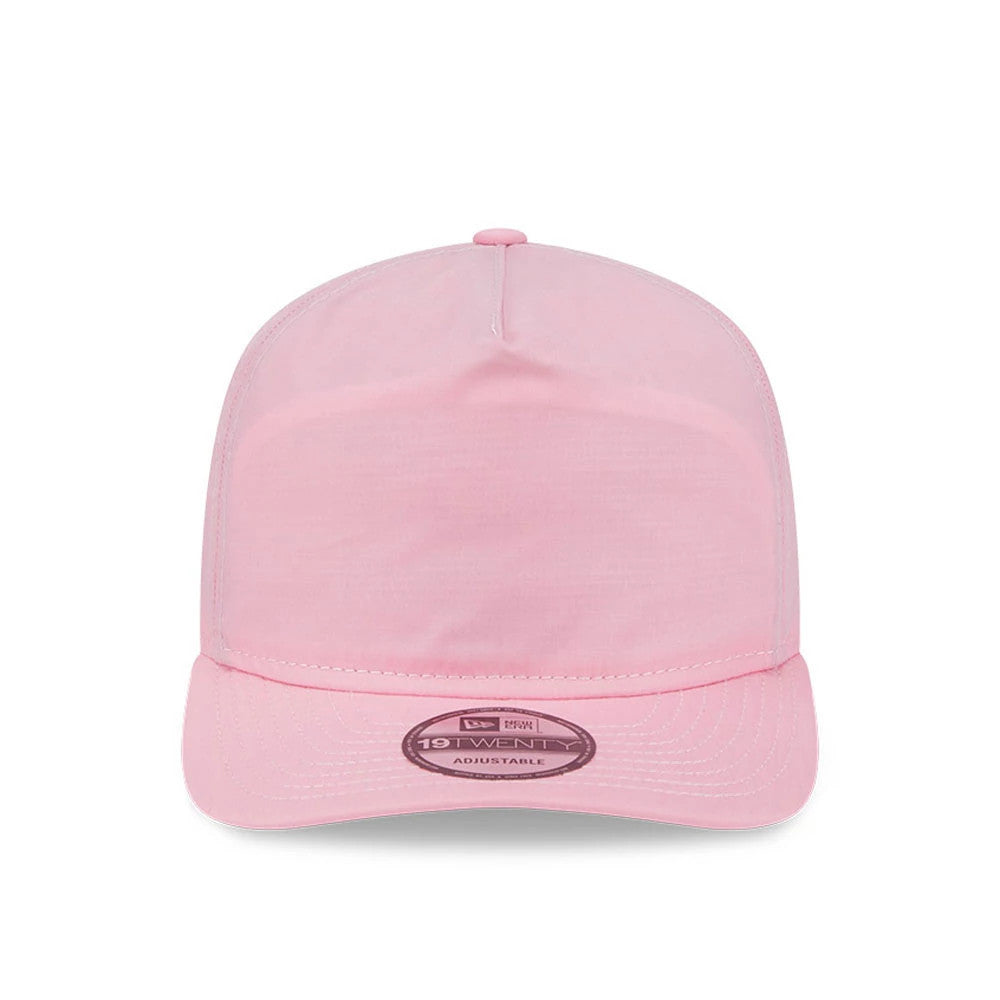 New Era Open Pink 19TWENTY Adjustable Cap, front view showing the plain pink front panel, matching pink visor with a 19TWENTY size sticker, and a pink top button on the unstructured crown.