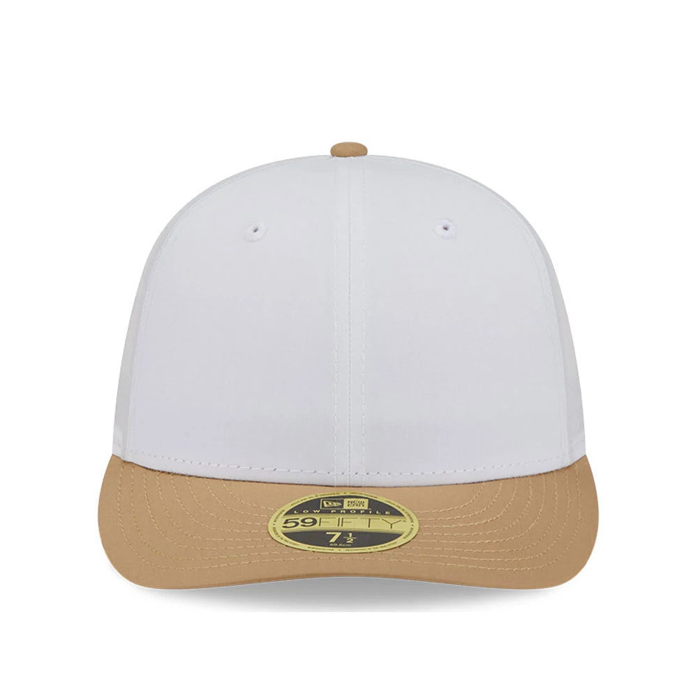 New Era Open White & Beige Low Profile 59FIFTY Fitted Cap, front view showing a beige curved visor, a gold 59FIFTY size sticker on the visor, and a matching beige top button on the structured white crown.