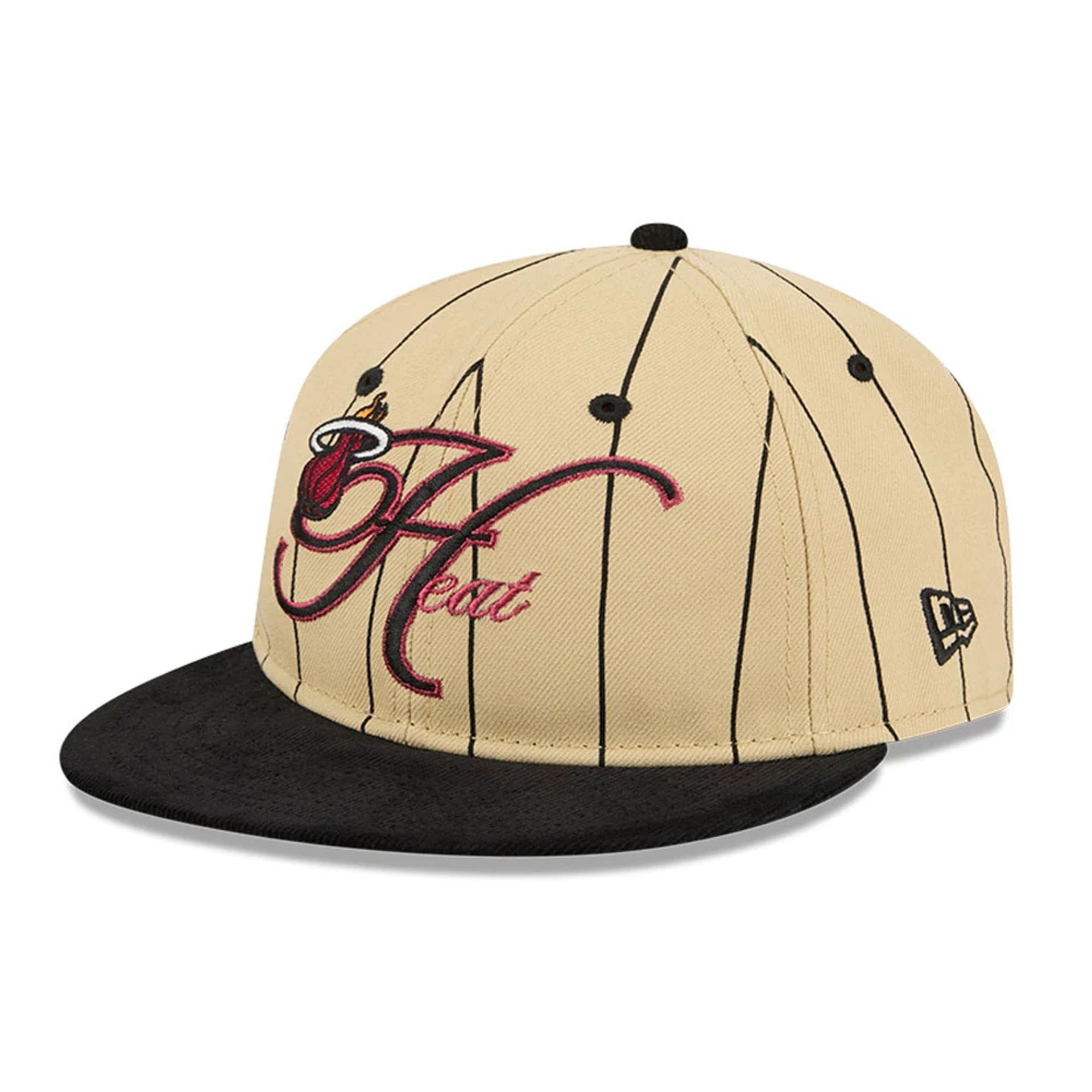 This is a Miami Heat Pinstripe Script Cream Retro Crown 9FIFTY Adjustable Cap 1