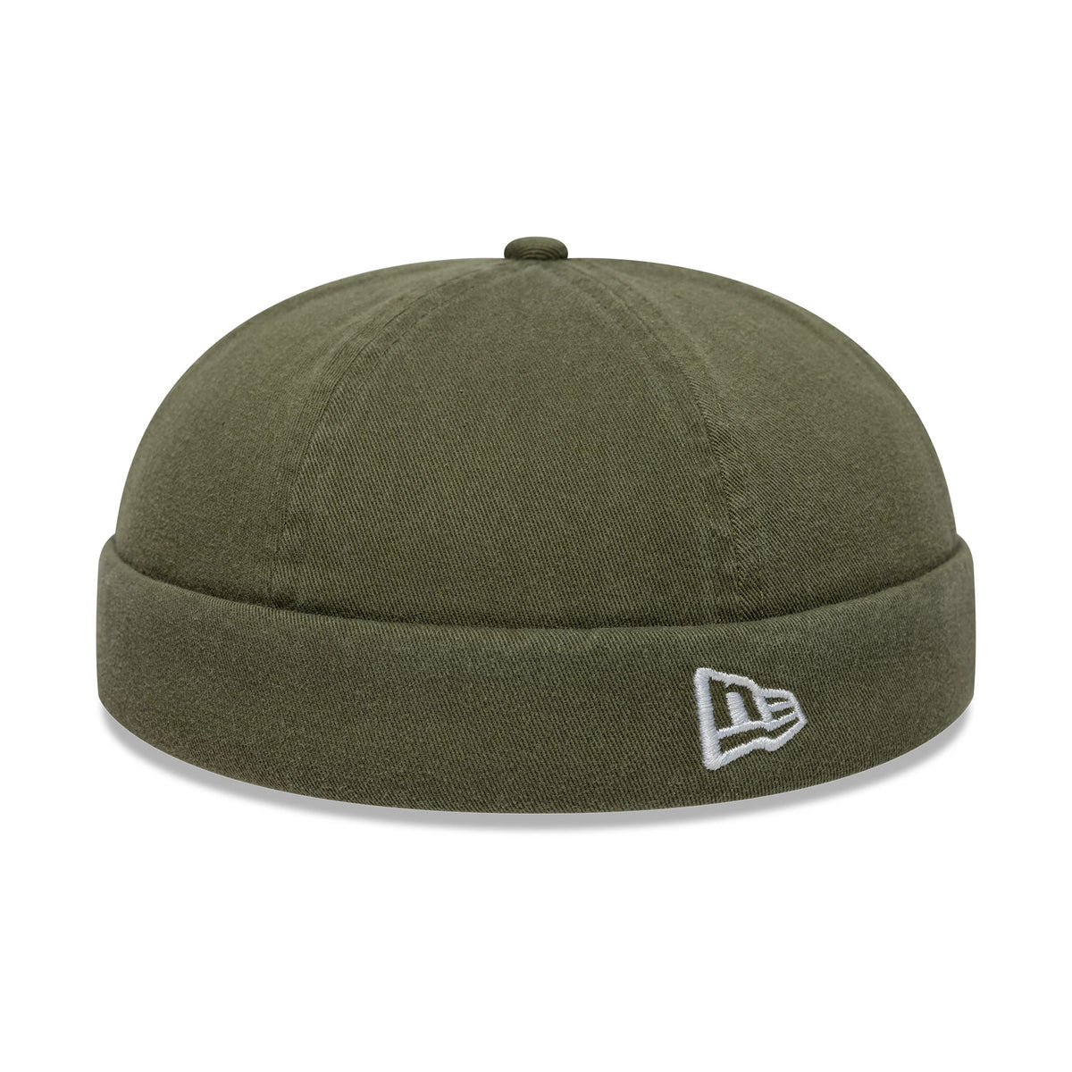 New Era Washed Cotton Green Docker Adjustable Hat, side view showing the white embroidered New Era flag logo on the turned-up cuff of the soft green cotton crown.