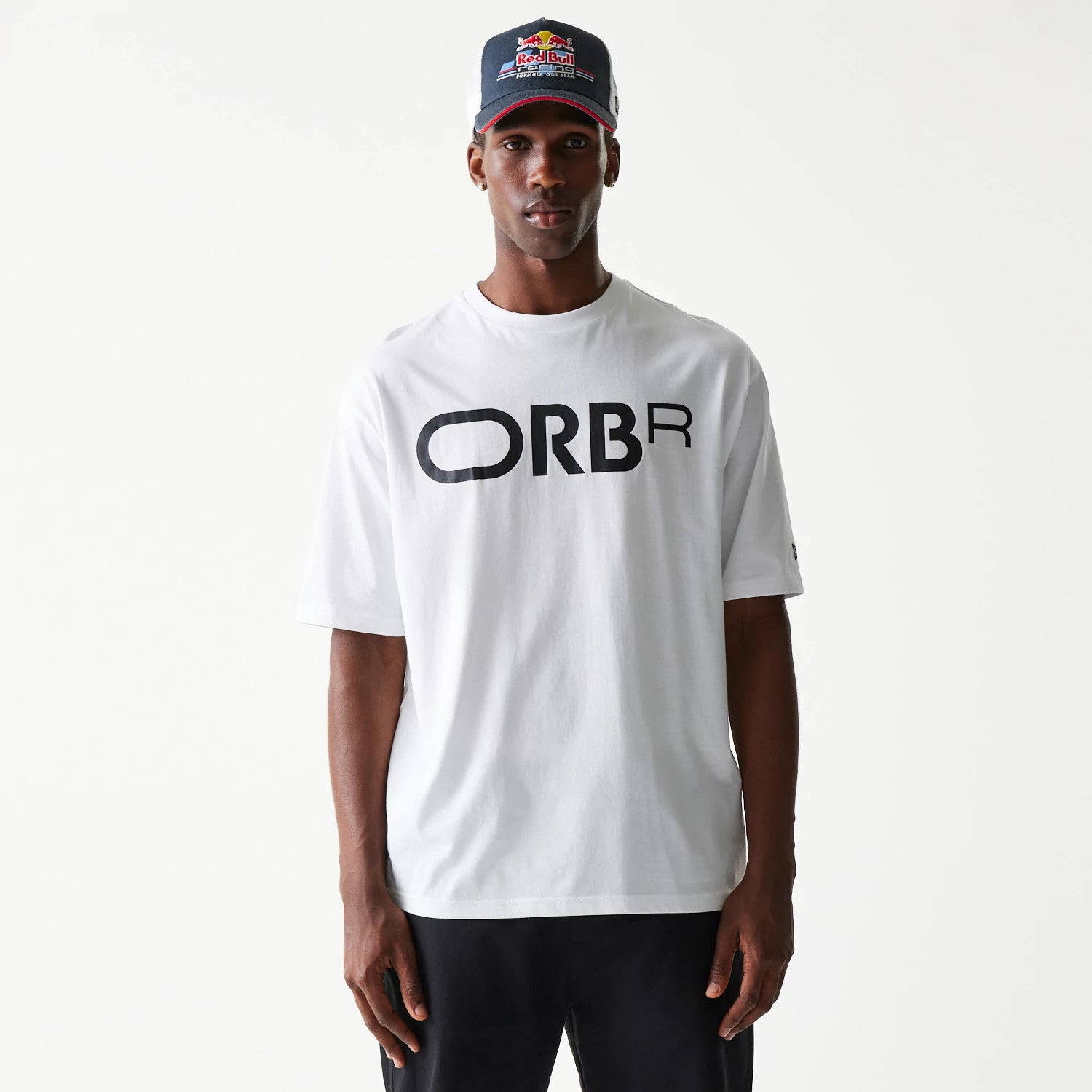 The Male model is wearing Red Bull Racing Profile White Oversized T-Shirt 1