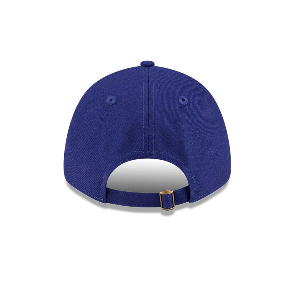 LA Dodgers FOG X MLB Dark Blue New Era 9FORTY Adjustable Cap, rear view showing a dark blue crown with matching embroidered eyelets and a gold buckle on the adjustable strap at the back.