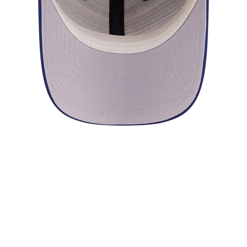 LA Dodgers FOG X MLB Dark Blue New Era 9FORTY Adjustable Cap, inside view showing the light grey undervisor, white internal taping contrasted by a black sweatband, and a dark blue edge.