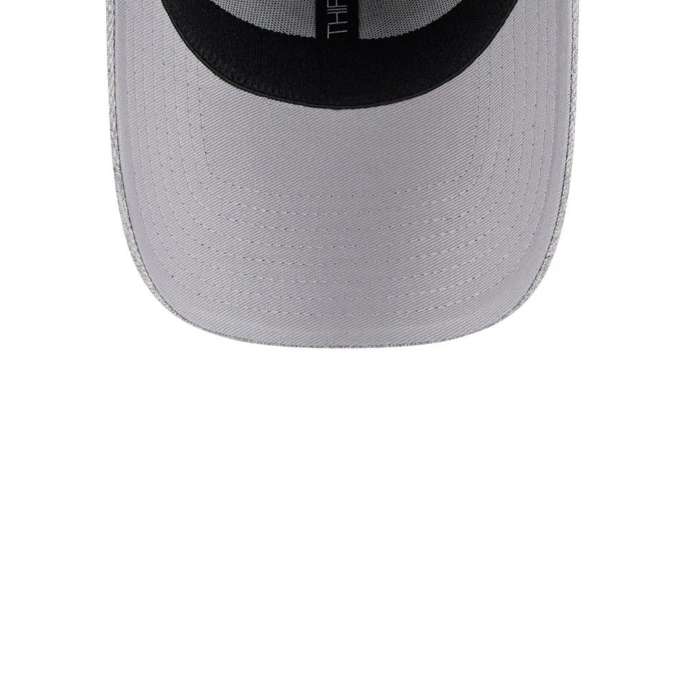 Chicago Bulls NBA Heather Grey New Era 39THIRTY Stretch Fit Cap, inside view showing the black sweatband with printed size details and a contrasting light grey undervisor featuring detailed stitching.