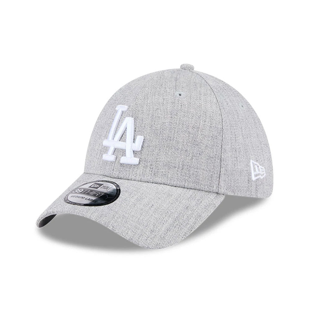 LA Dodgers MLB Heather Grey New Era 39THIRTY Stretch Fit Cap, three-quarter view showing a raised white LA logo on the front panel, grey curved visor with a 39THIRTY size sticker, and the New Era flag logo on the left side.