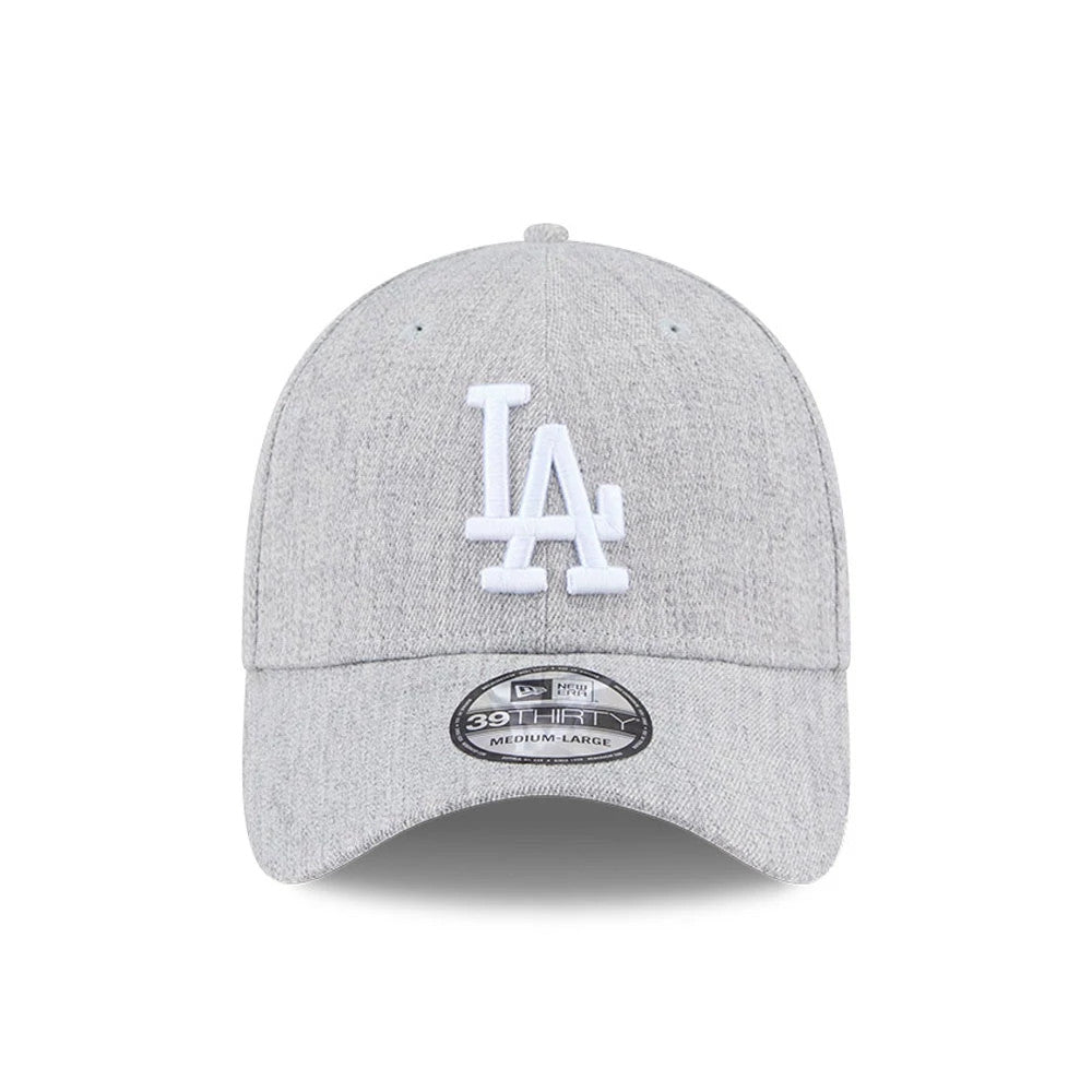 LA Dodgers MLB Heather Grey New Era 39THIRTY Stretch Fit Cap, front view showing white raised embroidered LA logo on the structured grey crown with a grey curved visor and 39THIRTY size sticker on the visor.