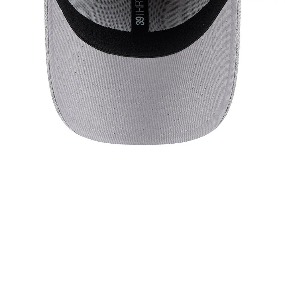 LA Dodgers MLB Heather Grey New Era 39THIRTY Stretch Fit Cap, inside view showing the grey undervisor and black sweatband with 39THIRTY label, highlighting the structured curved visor and interior construction.
