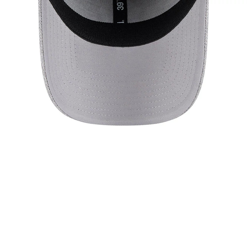 New York Yankees MLB Heather Grey New Era 39THIRTY Stretch Fit Cap, inside view showing the black sweatband, grey undervisor and black taping with white text, highlighting the structured grey visor stitching.