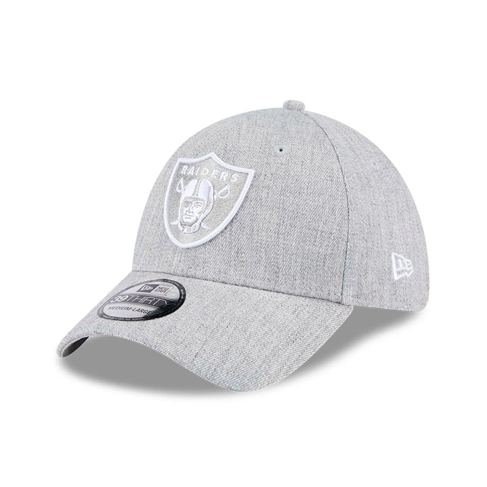 Las Vegas Raiders NFL Heather Grey New Era 39THIRTY Stretch Fit Cap, three-quarter view showing the white embroidered Raiders shield logo on the front panel, featuring a grey curved visor with a 39THIRTY size sticker.