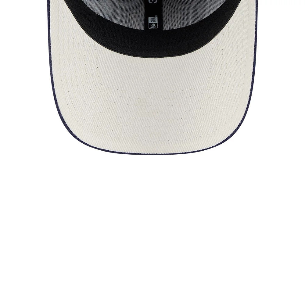 LA Dodgers MLB Lifestyle Navy New Era 39THIRTY Stretch Fit Cap, inside view showing the cream undervisor, contrasting black sweatband, and central taping with the MLB and New Era logos.