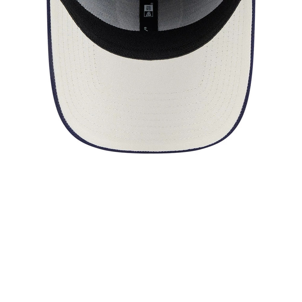 Las Vegas Raiders NFL Lifestyle Navy New Era 39THIRTY Stretch Fit Cap, inside view showing a white undervisor with black sweatband, black taping and the New Era logo label on the dark grey interior fabric.
