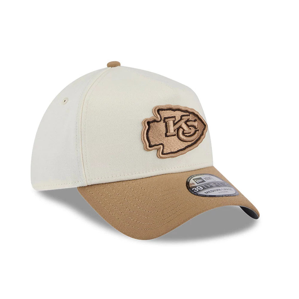 Kansas City Chiefs NFL White New Era 39THIRTY A-Frame Stretch Fit Cap, three-quarter view showing a brown embroidered Chiefs logo on the front panel, a matching brown visor, and a 39THIRTY size sticker on the visor.