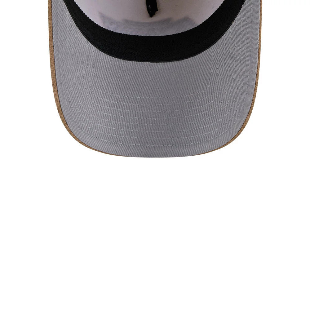 LA Kings NHL Sandy Bay White New Era 39THIRTY A-Frame Stretch Fit Cap, inside view showing the grey undervisor, black sweatband, and white crown with structured seams, enhancing comfort and fit.