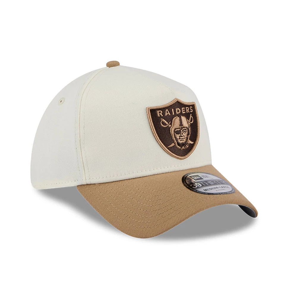 Las Vegas Raiders NFL Sandy Bay White New Era 39THIRTY A-Frame Stretch Fit Cap, three-quarter view showing the brown and white embroidered Raiders logo on the front panel with a brown curved visor and 39THIRTY size sticker.