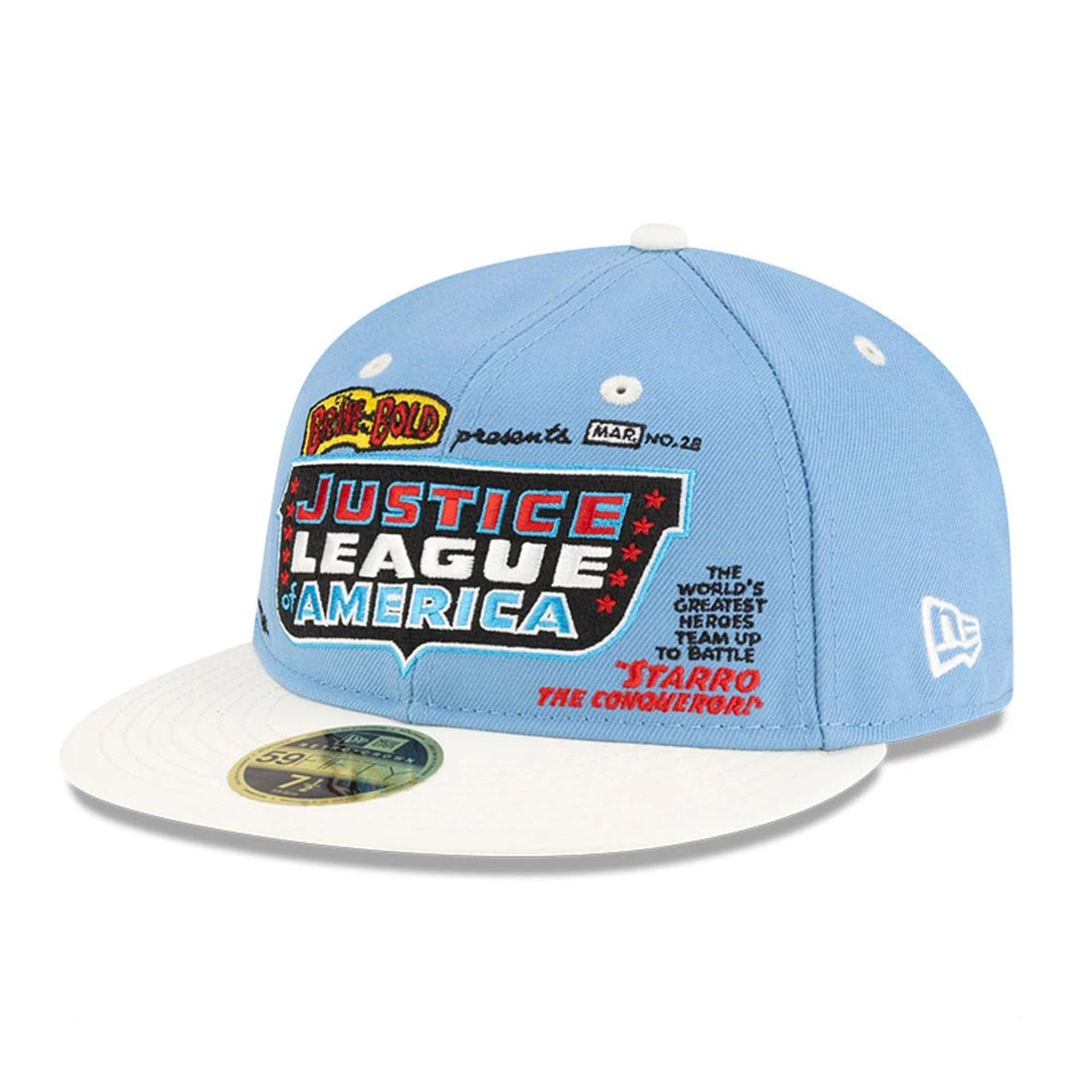 This is a Justice League Of America Pastel Blue Retro Crown 59FIFTY Fitted Cap 1