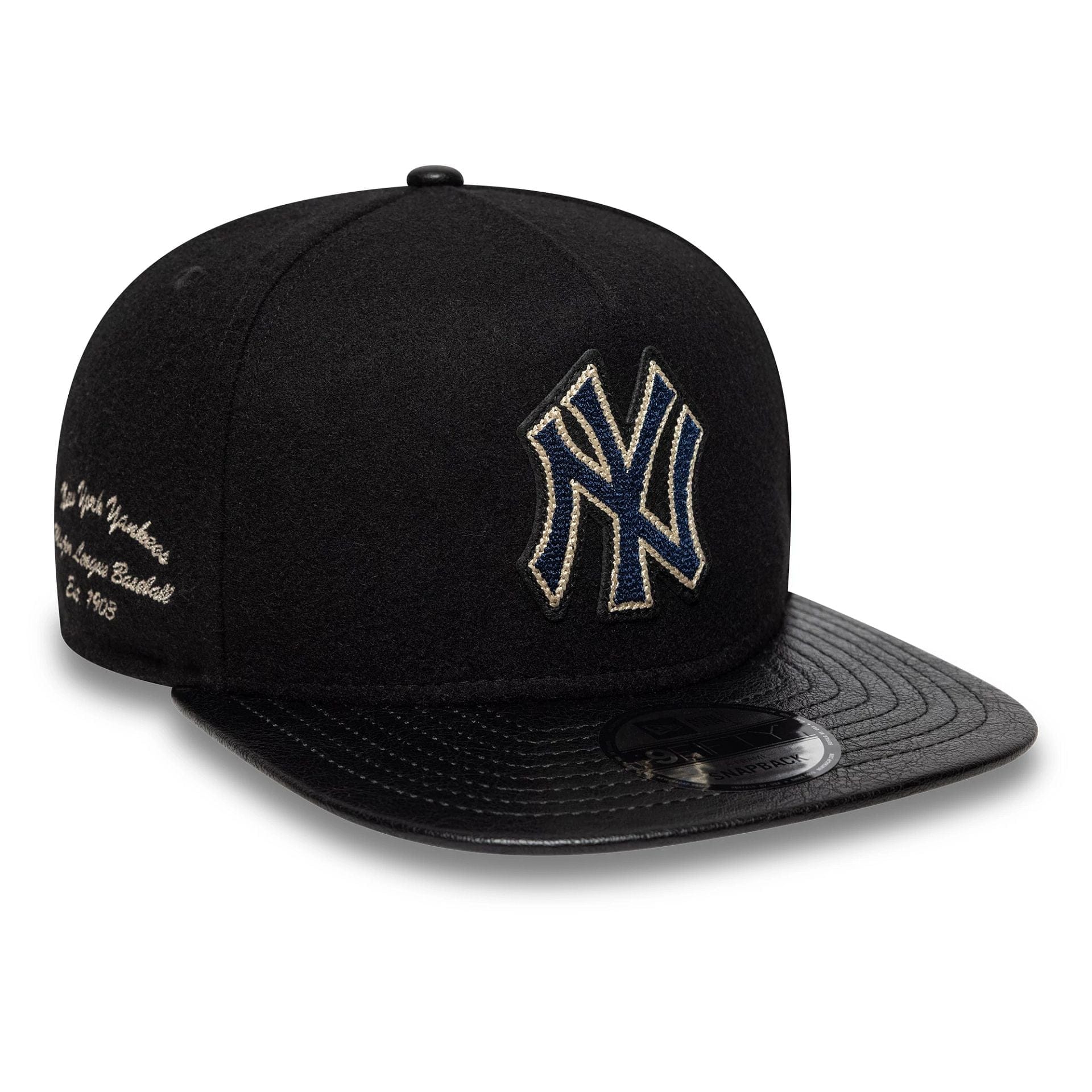 This is a New York Yankees Wool Letterman Black 9FIFTY A-Frame Snapback Adjustable Cap 1