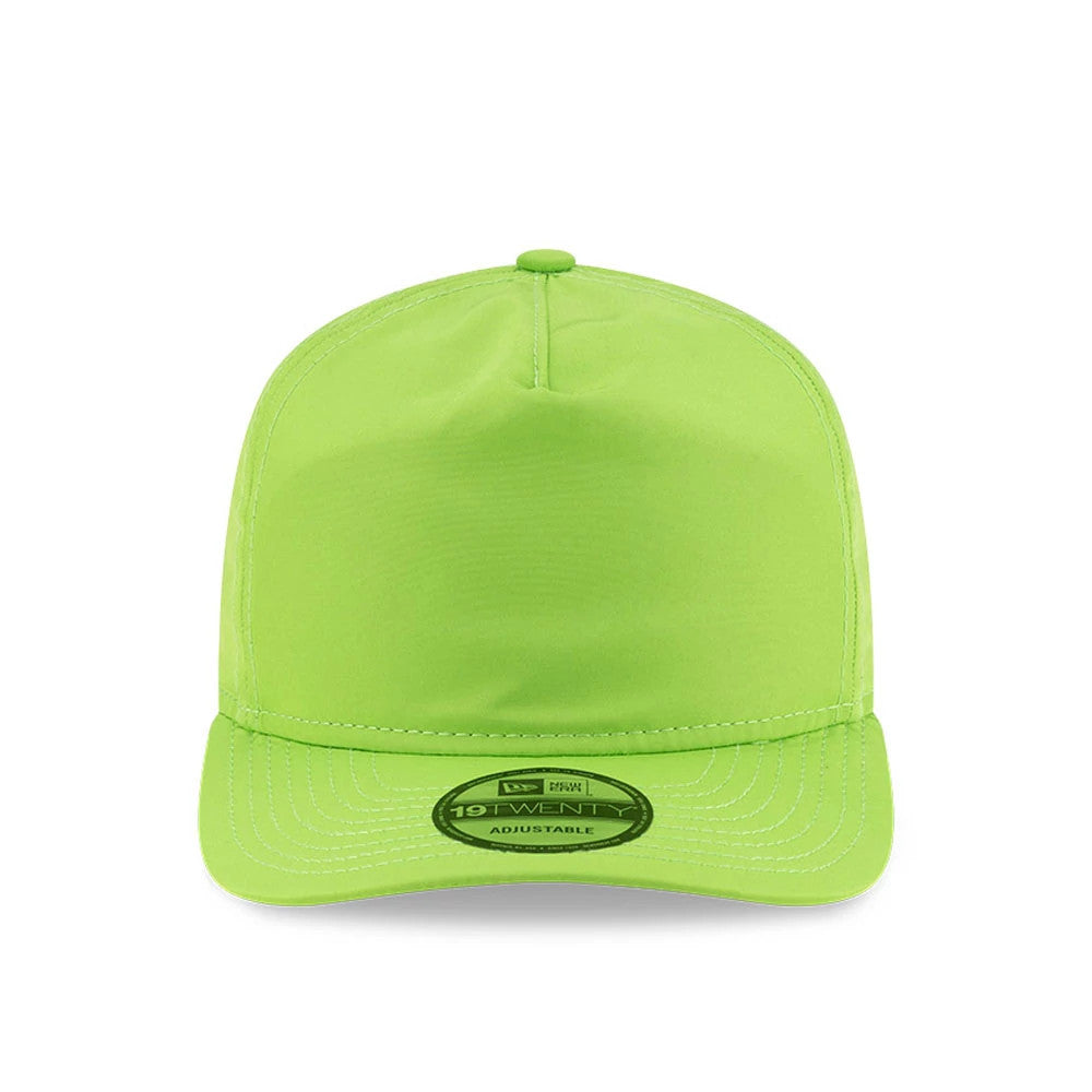 New Era Green 19TWENTY Adjustable Cap, front view showing a structured crown with decorative stitching on the neon green panels and visor, featuring a 19TWENTY size sticker placed on the centre of the visor.