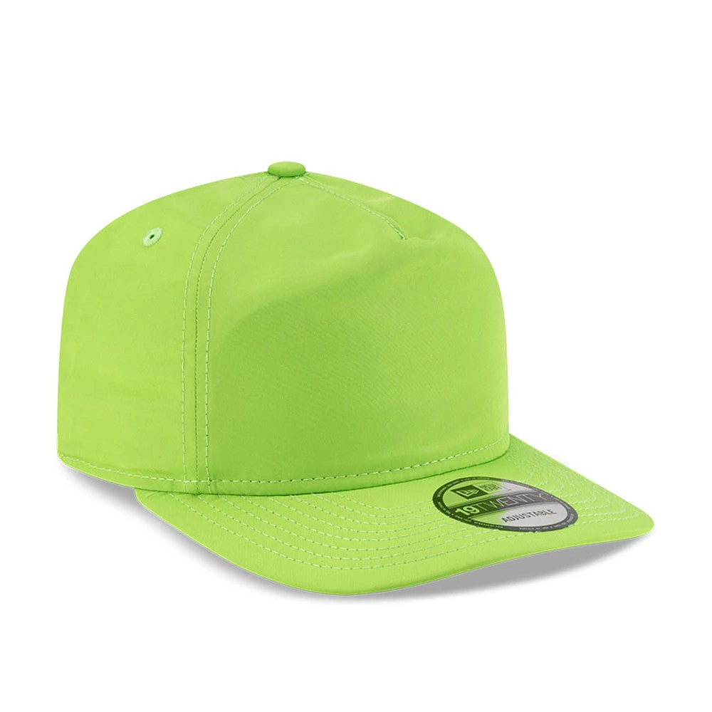 New Era Green 19TWENTY Adjustable Cap, three-quarter view showing a structured green crown with matching green eyelets and top button, flat green visor featuring the 19TWENTY size sticker, and stitching along the seams.