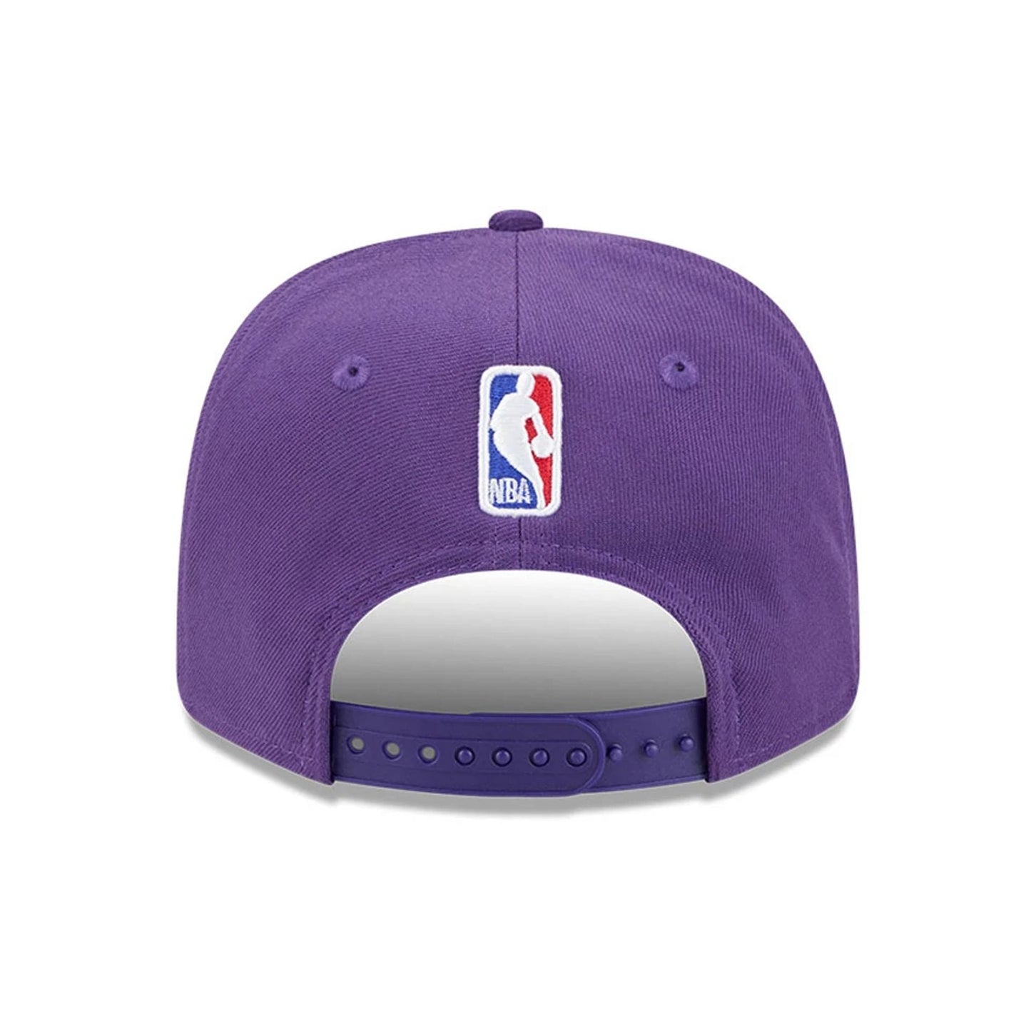 LA Lakers NBA Statement Purple New Era 9SEVENTY Stretch Snap Adjustable Cap, rear view showing the embroidered NBA logo at the centre above the adjustable snap closure on the structured purple crown.