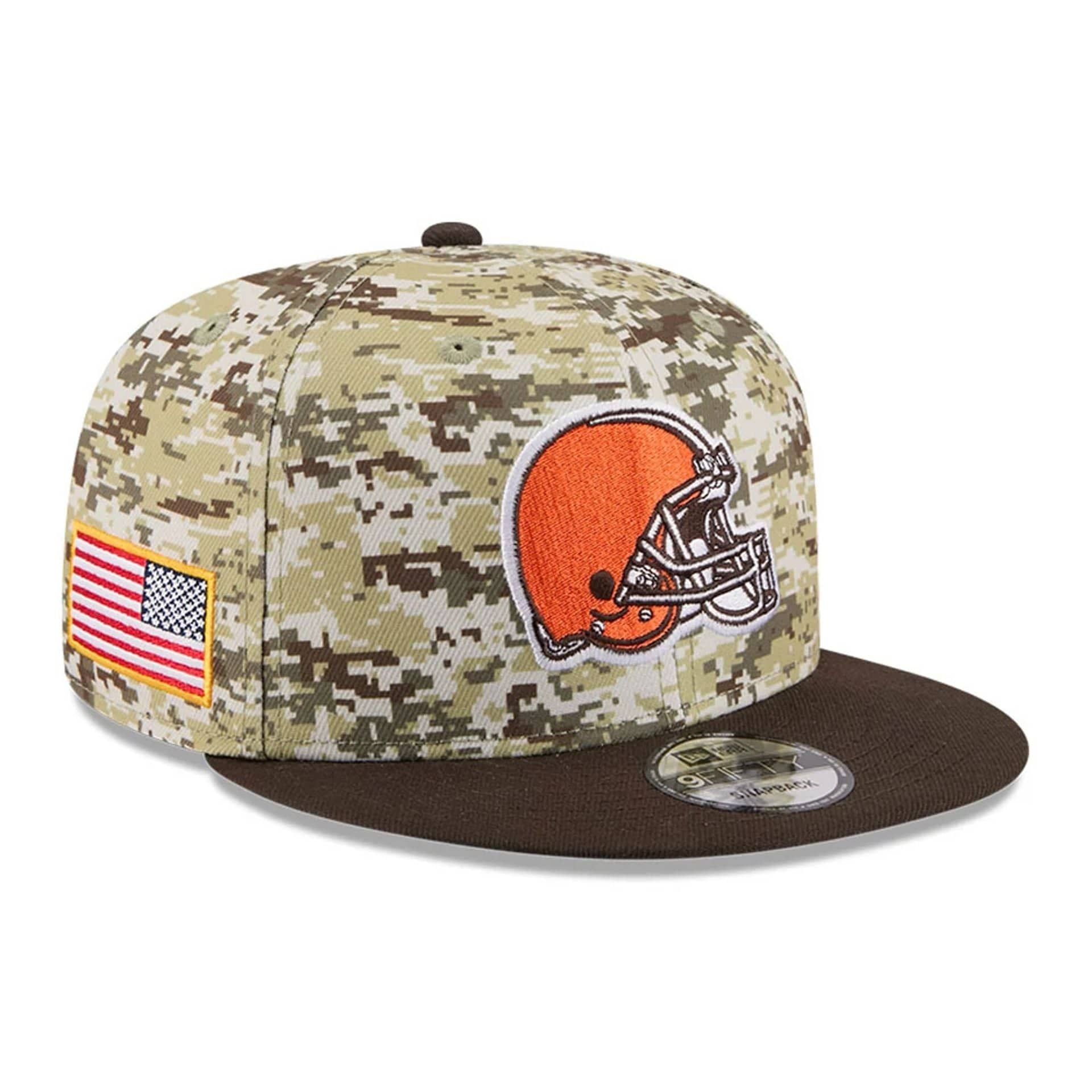 This is a Cleveland Browns NFL Salute To Service 2025 Dark Brown 9FIFTY Snapback Adjustable Cap 1