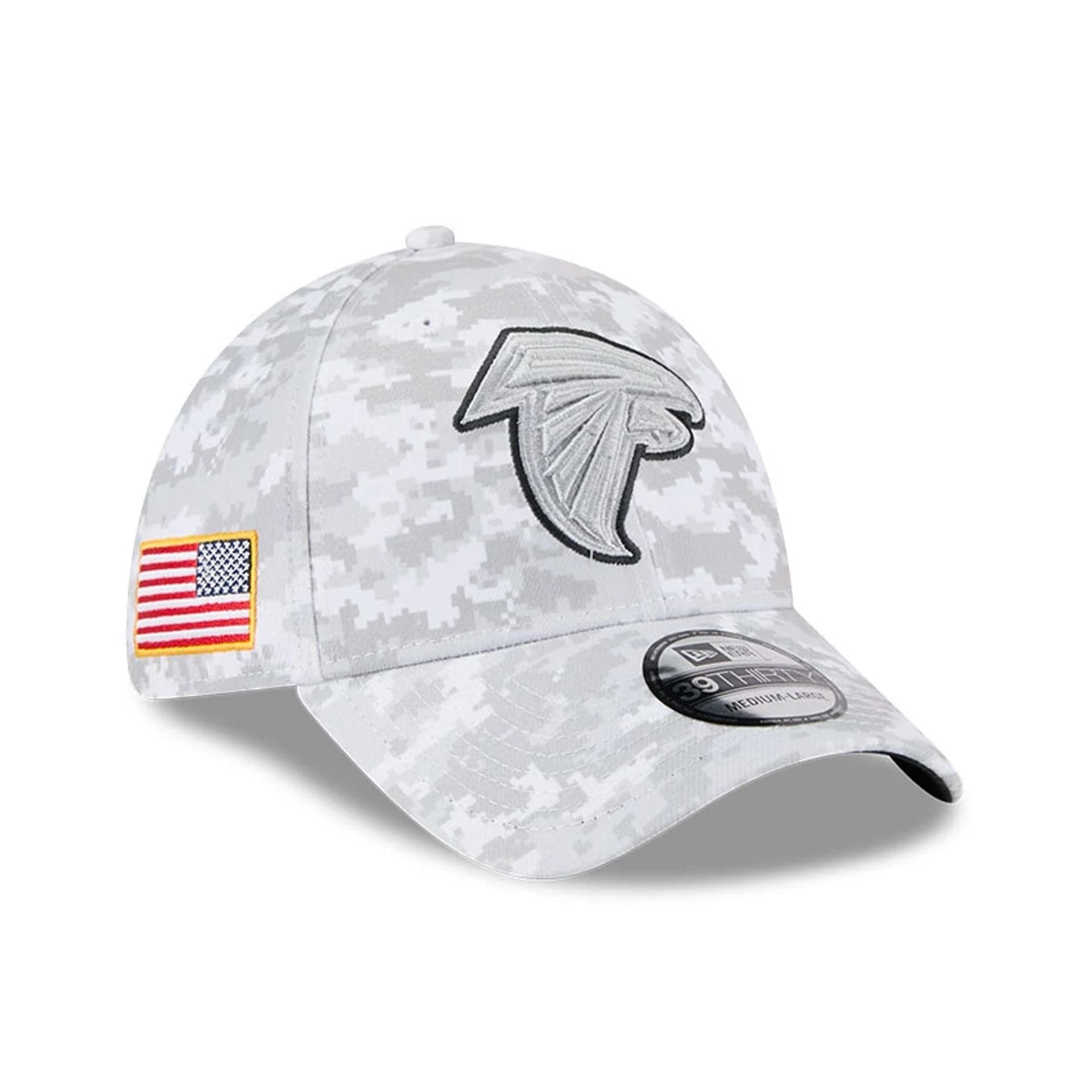 This is a Atlanta Falcons NFL Salute To Service 2025 Grey Camo 39THIRTY Stretch Fit Cap 1