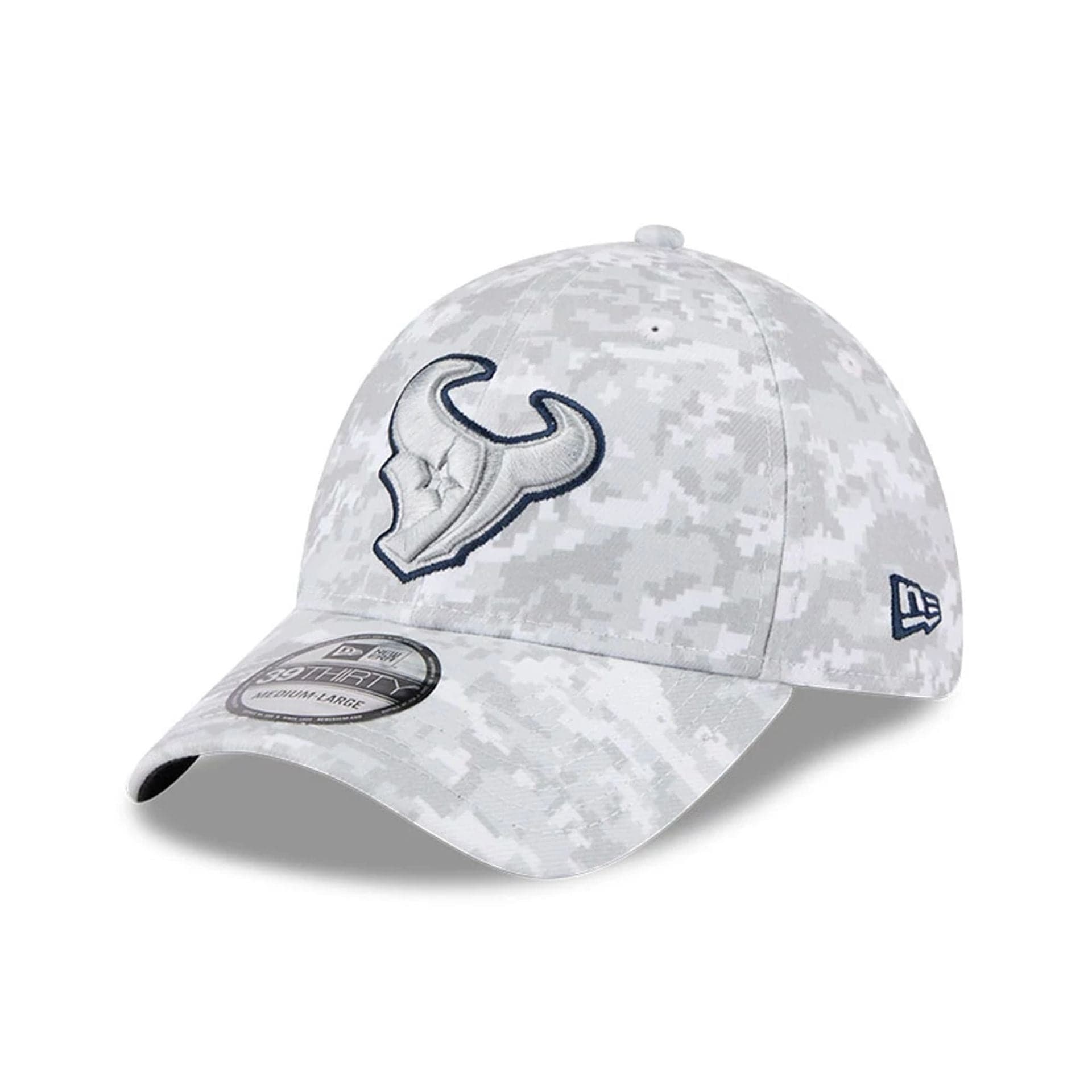 This is a Houston Texans NFL Salute To Service 2025 Grey Camo 39THIRTY Stretch Fit Cap 1