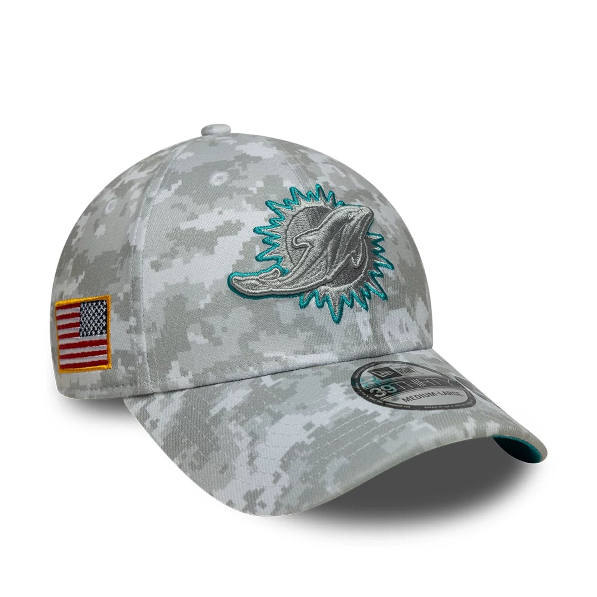 This is a Miami Dolphins NFL Salute To Service 2025 Grey Camo 39THIRTY Stretch Fit Cap 1