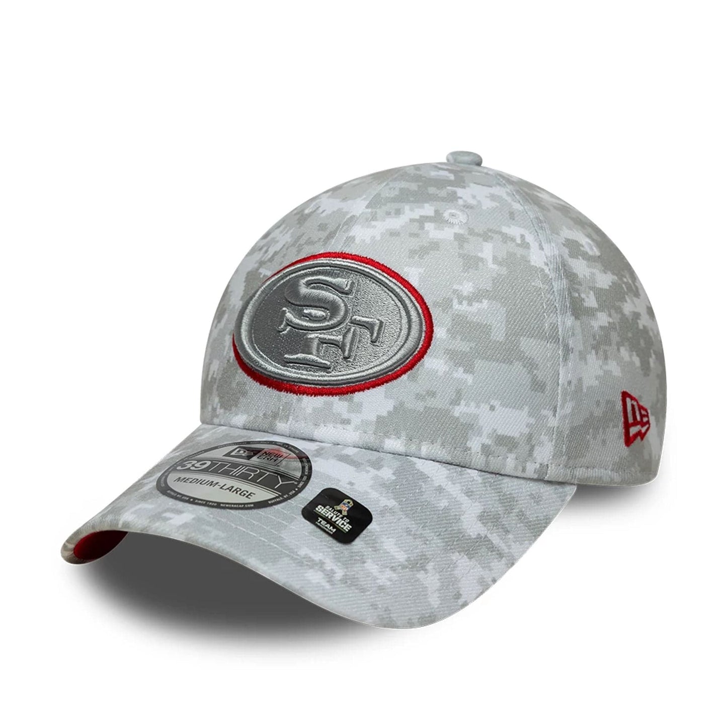 This is a San Francisco 49ers NFL Salute To Service 2025 Grey Camo 39THIRTY Stretch Fit Cap 8
